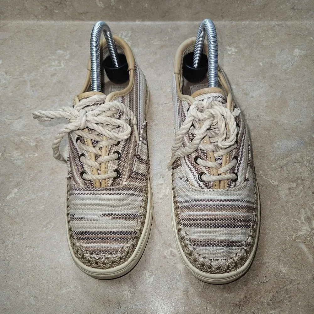 UGG Shoes Womens Size 7.5‎ Beige Tan Striped Canvas Espadrille Lace Up 1010656